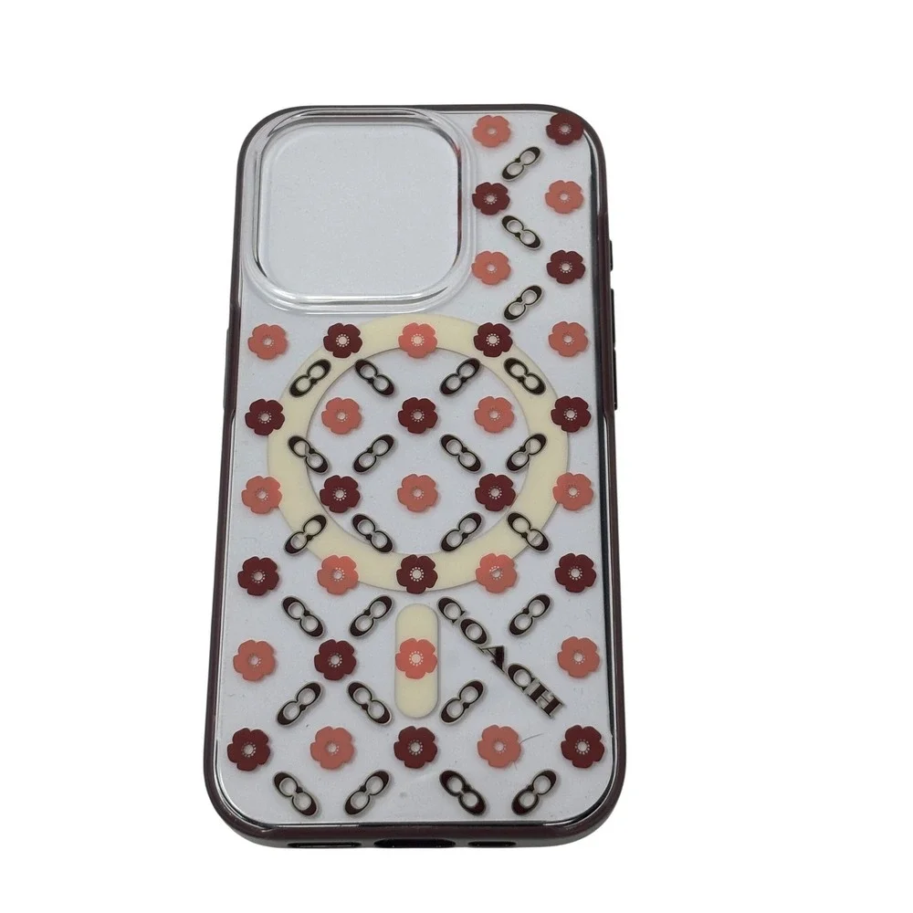 Coach iPhone 15 Pro Case MagSafe Floral Signature C Pattern Pink Burgundy New